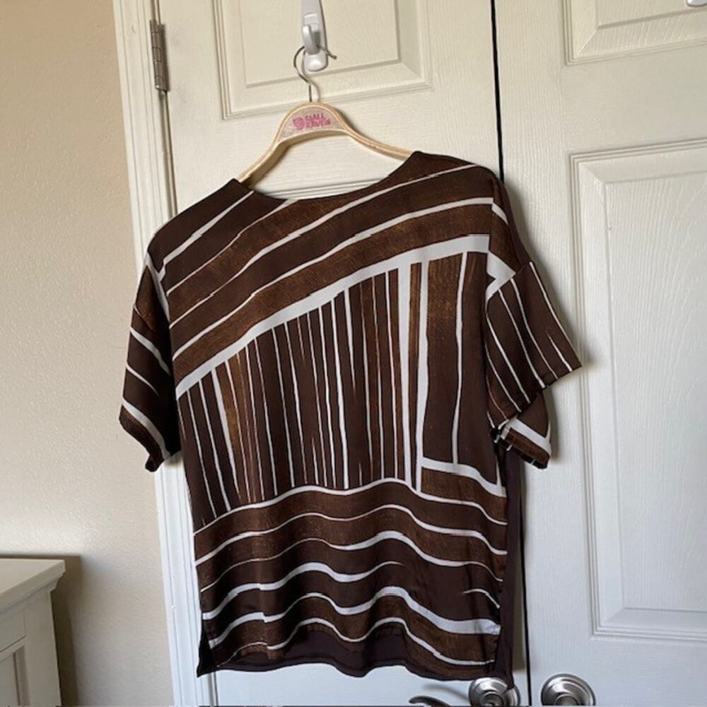 Chico's Top Oversized Short Sleeve Brown & White Striped Sz 1 (Fits like 1.5)